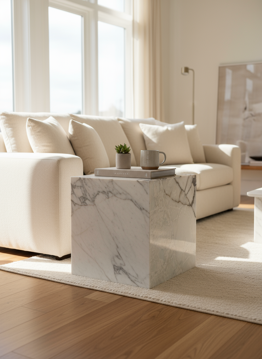 Cube Side Table - White Latte Marble