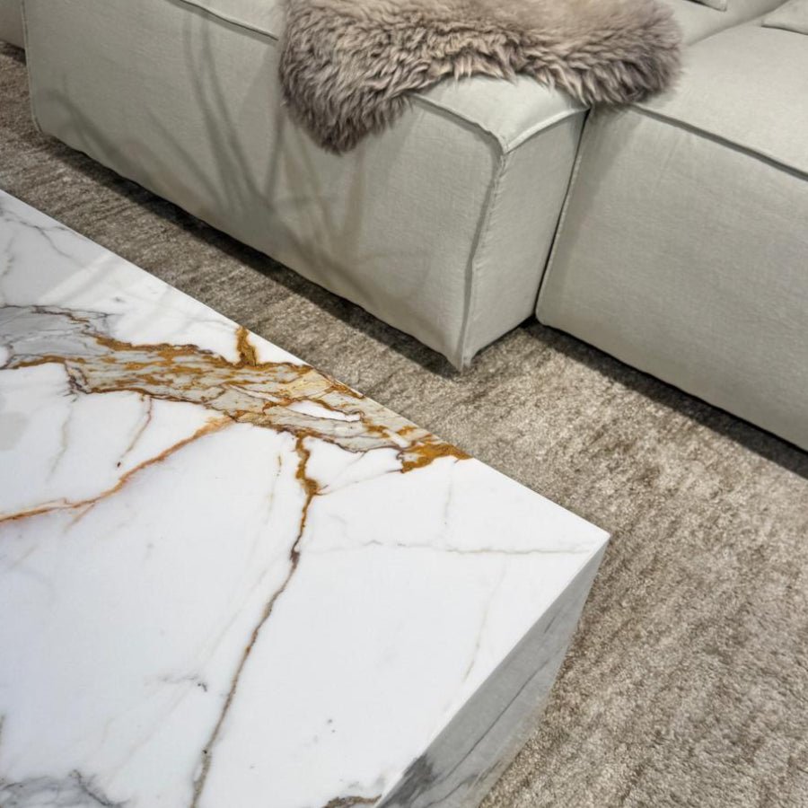 Block Coffee Table - Gold Calacatta Marble natural stone furniture New Zealand - Natural Stone Co