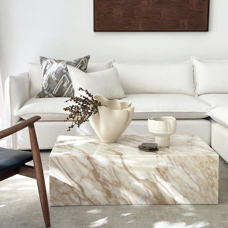 Block Coffee Table - New Gold Calacatta Marble natural stone furniture New Zealand - Natural Stone Co