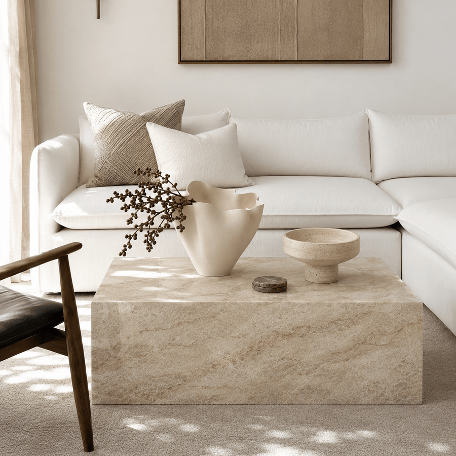 Block Coffee Table - Taj Mahal Quartzite natural stone furniture New Zealand - Natural Stone Co