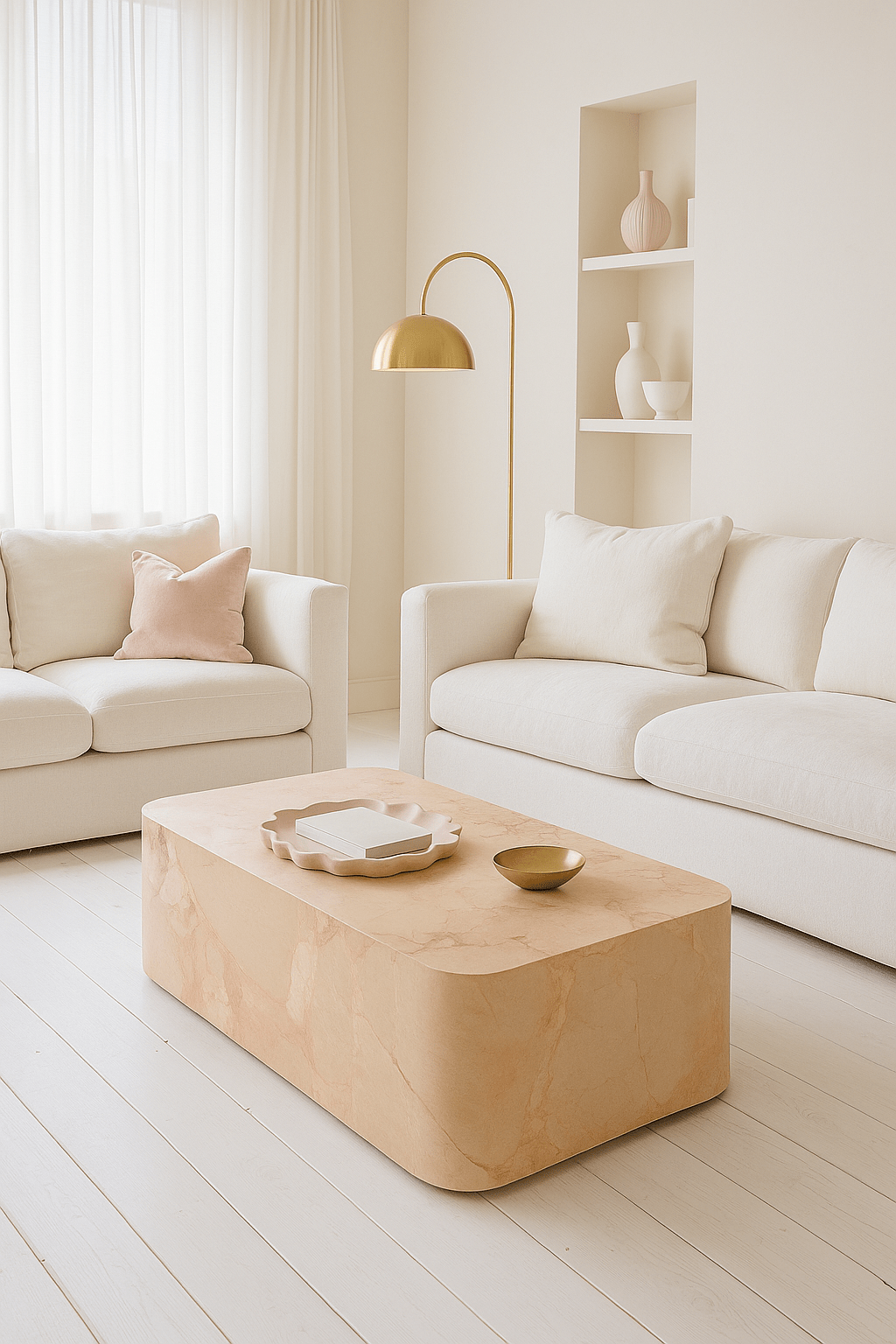 Crescent Corner Coffee Table - Pearl Pink Blush Marble natural stone furniture New Zealand - Natural Stone Co