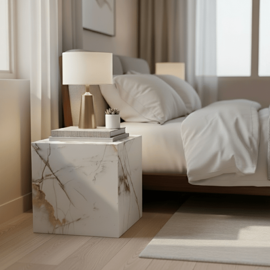 Cube Side Table - Gold Calacatta Marble natural stone furniture New Zealand - Natural Stone Co