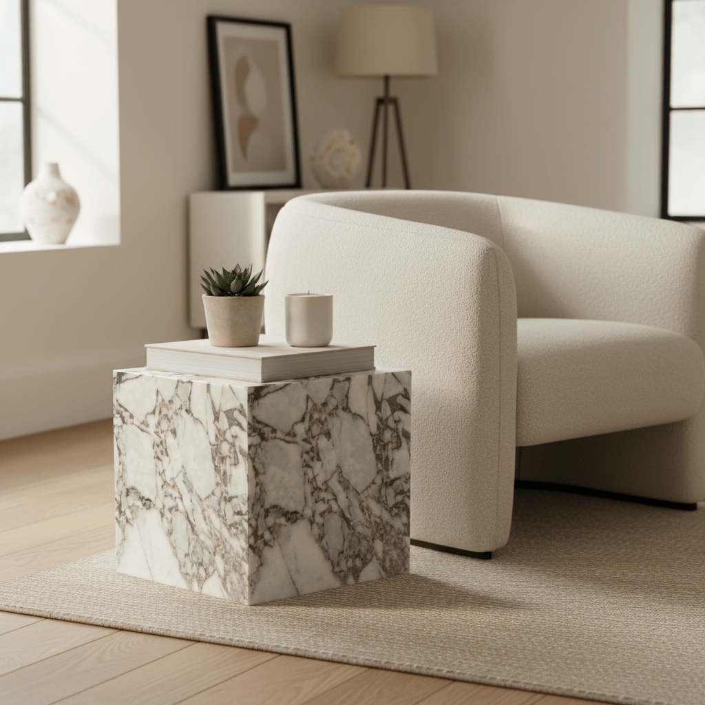 Cube Side Table - Milky Blue Marble natural stone furniture New Zealand - Natural Stone Co