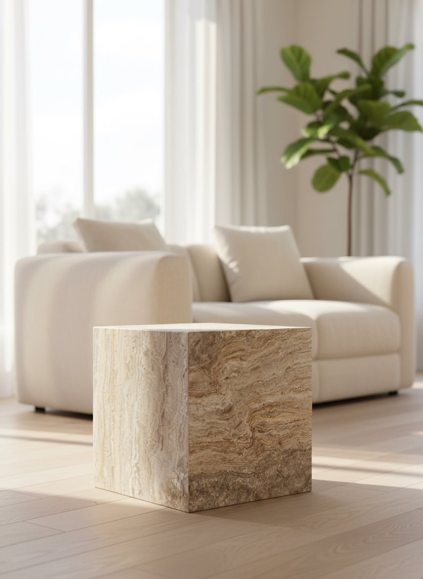 Cube Side Table - Silver Travertine natural stone furniture New Zealand - Natural Stone Co