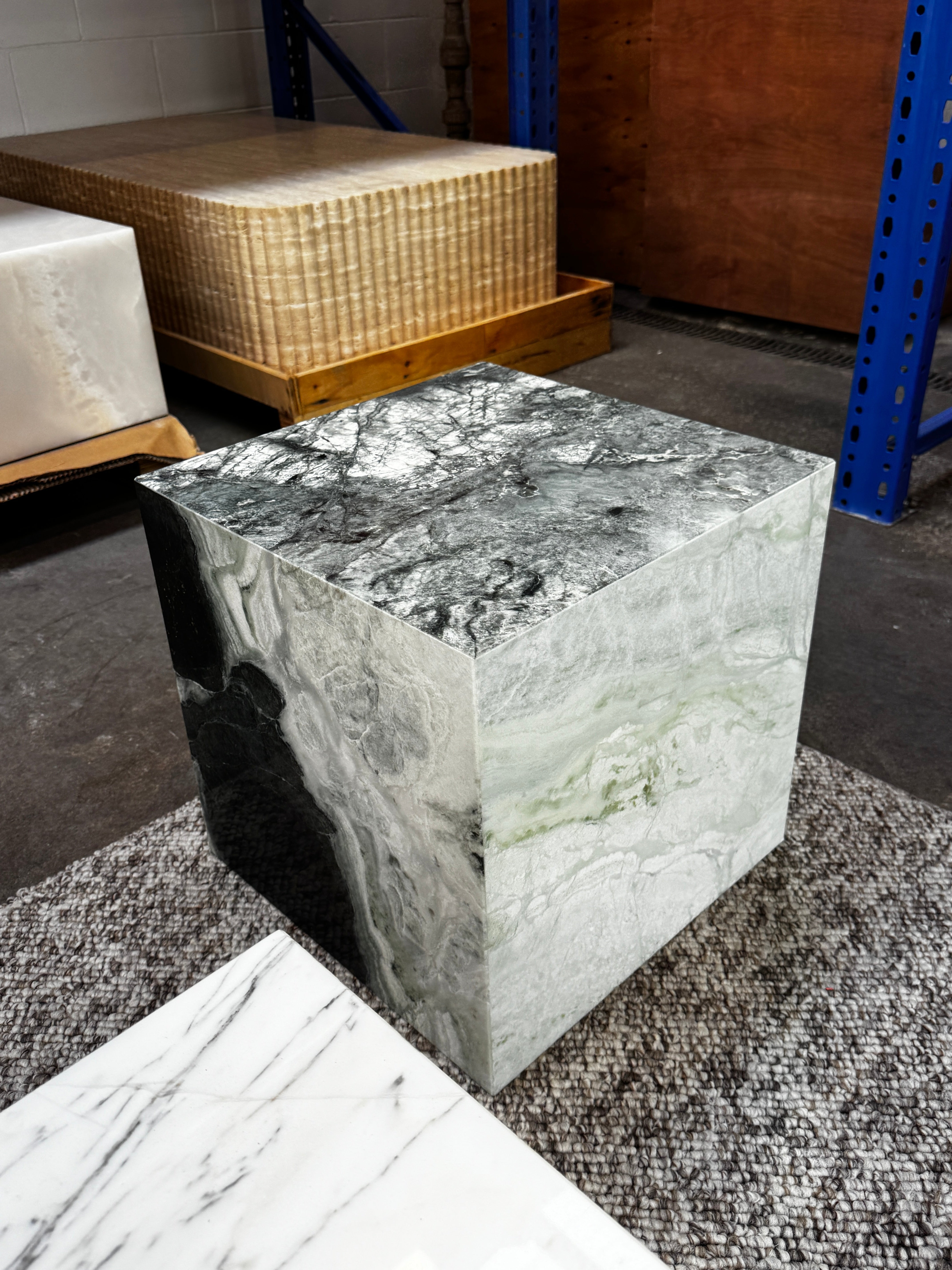 Cube Side Table - Twill Green Marble natural stone furniture New Zealand - Natural Stone Co
