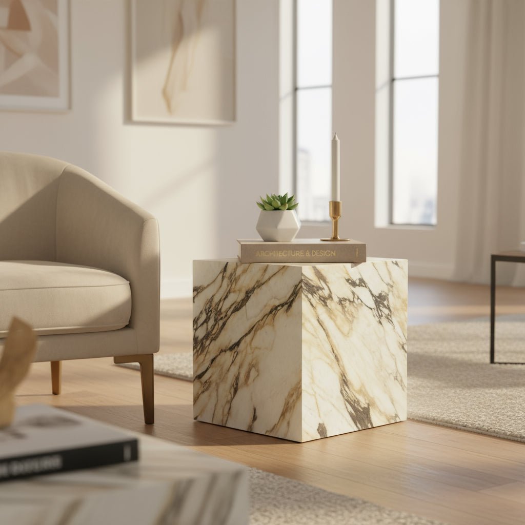 Cube Side Table - Viola Calacatta Marble natural stone furniture New Zealand - Natural Stone Co