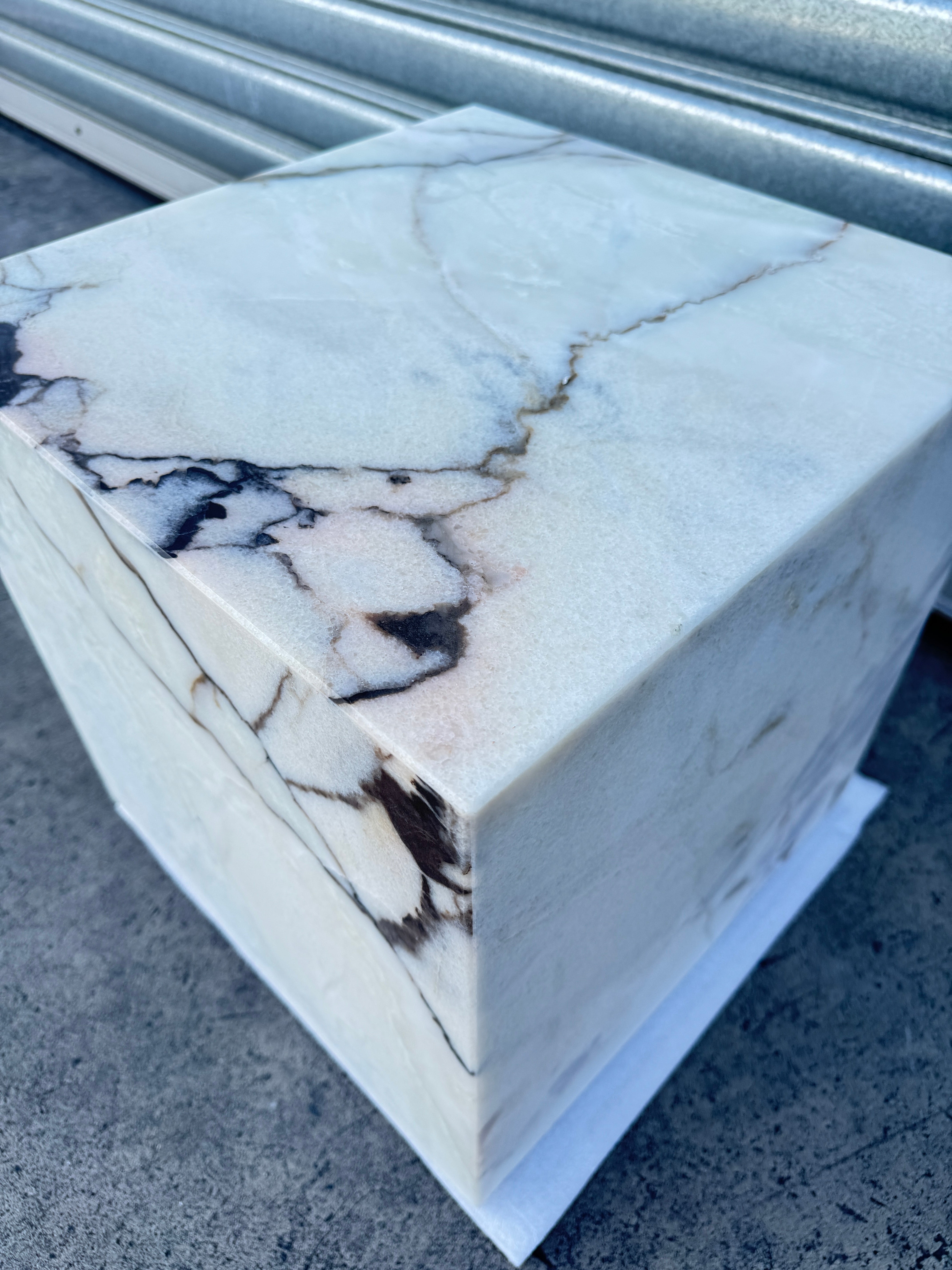 Cube Side Table - White Latte Marble natural stone furniture New Zealand - Natural Stone Co