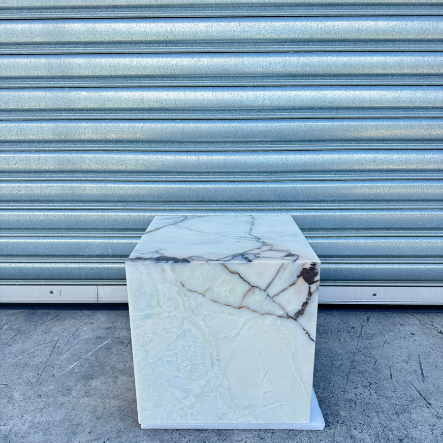 Cube Side Table - White Latte Marble natural stone furniture New Zealand - Natural Stone Co