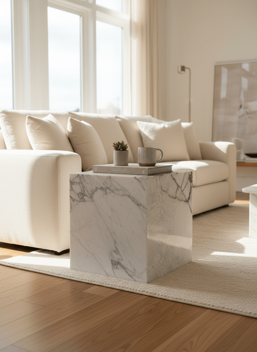 Cube Side Table - White Latte Marble natural stone furniture New Zealand - Natural Stone Co