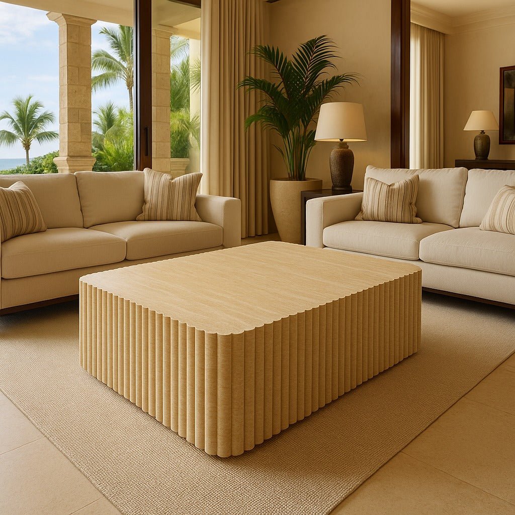 Fluted Block Table - Veincut Travertine natural stone furniture New Zealand - Natural Stone Co