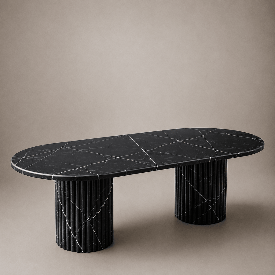 Fluted Oval Dining Table - Black Marquina Marble natural stone furniture New Zealand - Natural Stone Co