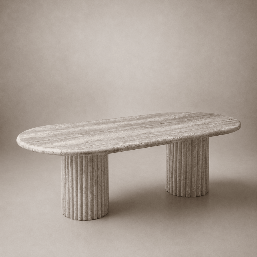 Fluted Oval Dining Table - Silver Travertine natural stone furniture New Zealand - Natural Stone Co