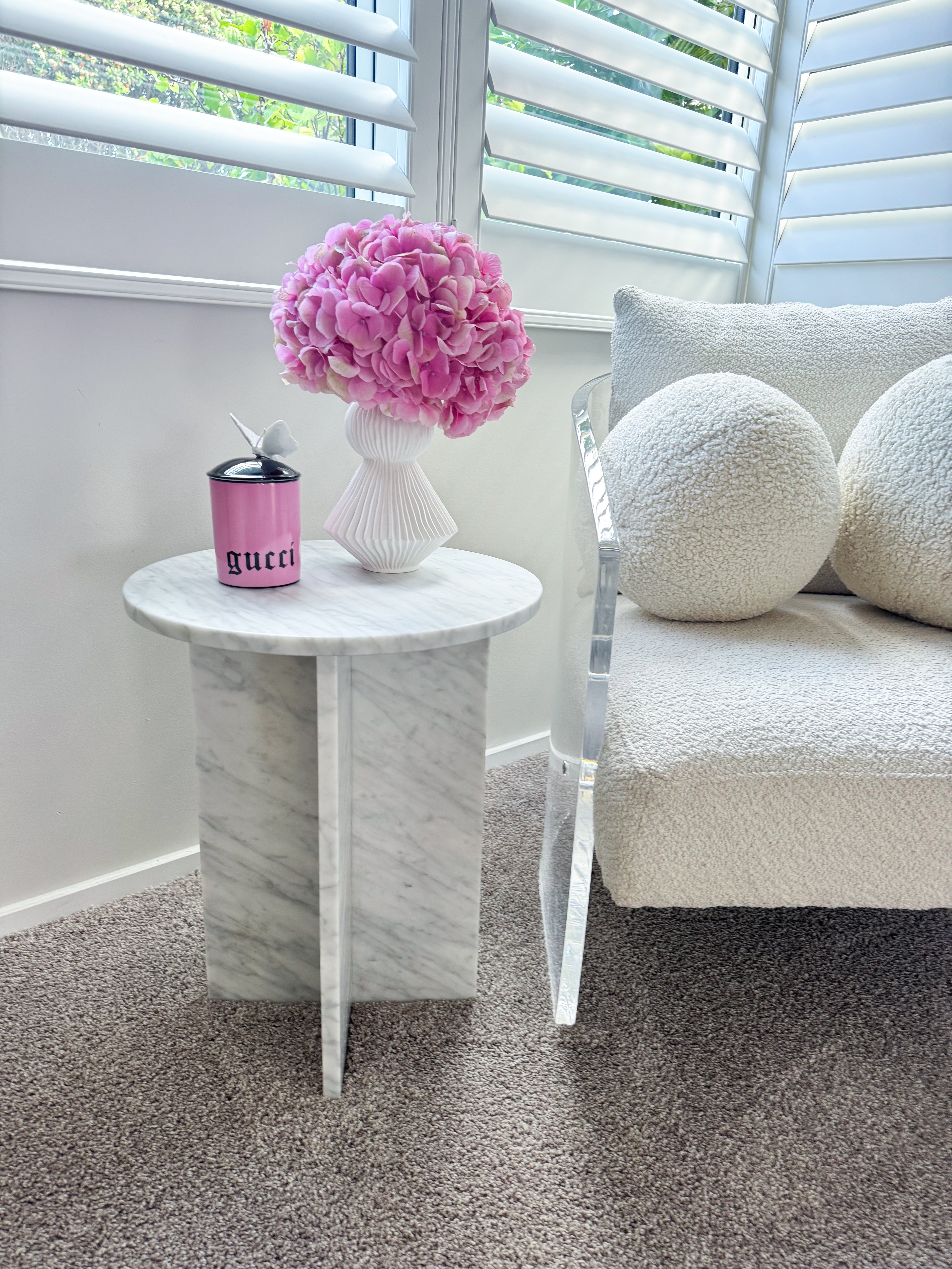 Round Cross Side Table - Carrara Marble natural stone furniture New Zealand - Natural Stone Co