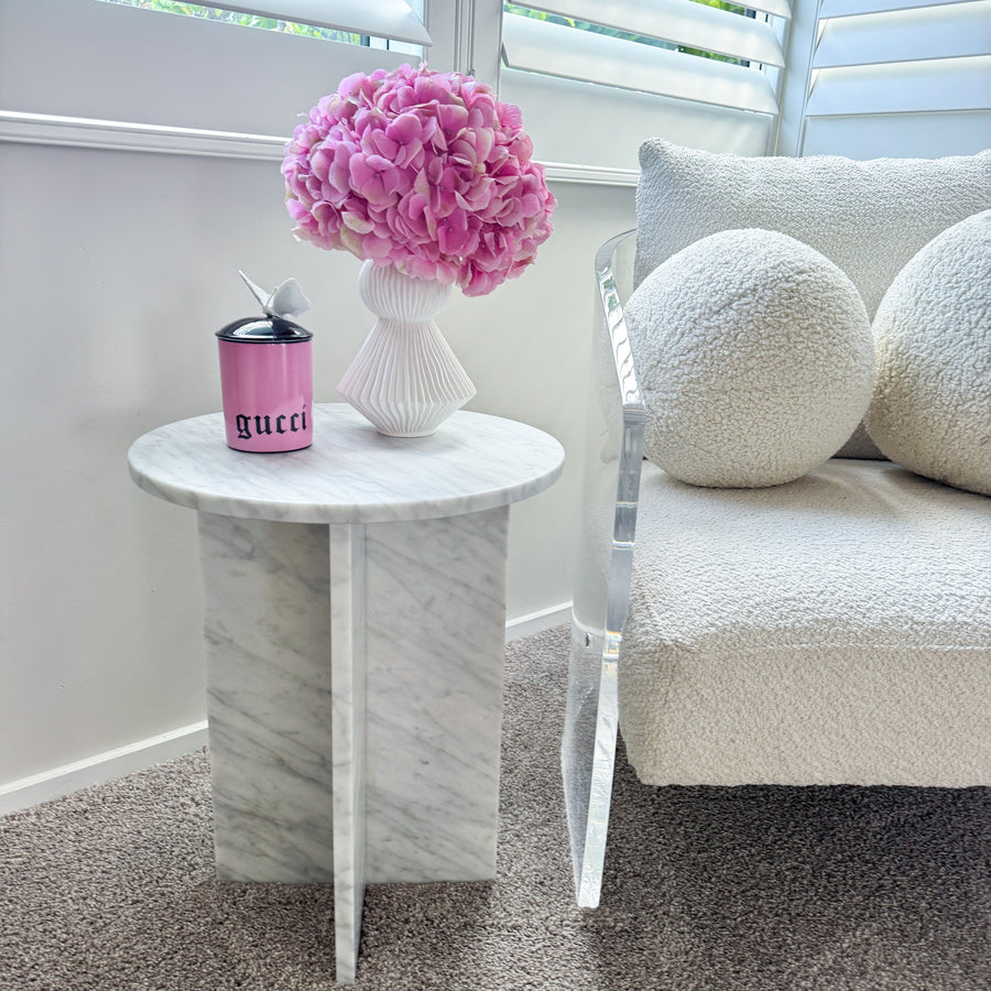 Round Cross Side Table - Carrara Marble natural stone furniture New Zealand - Natural Stone Co
