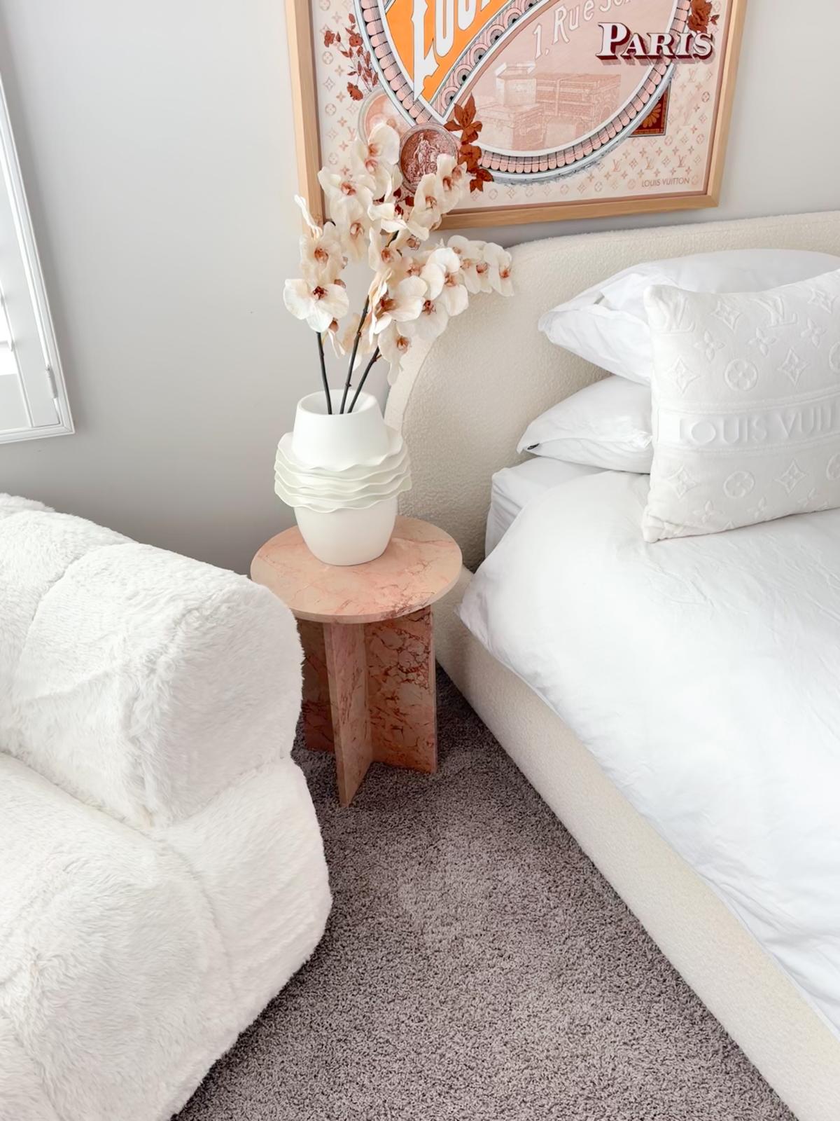 Round Cross Side Table - Pearl Pink Blush Marble natural stone furniture New Zealand - Natural Stone Co