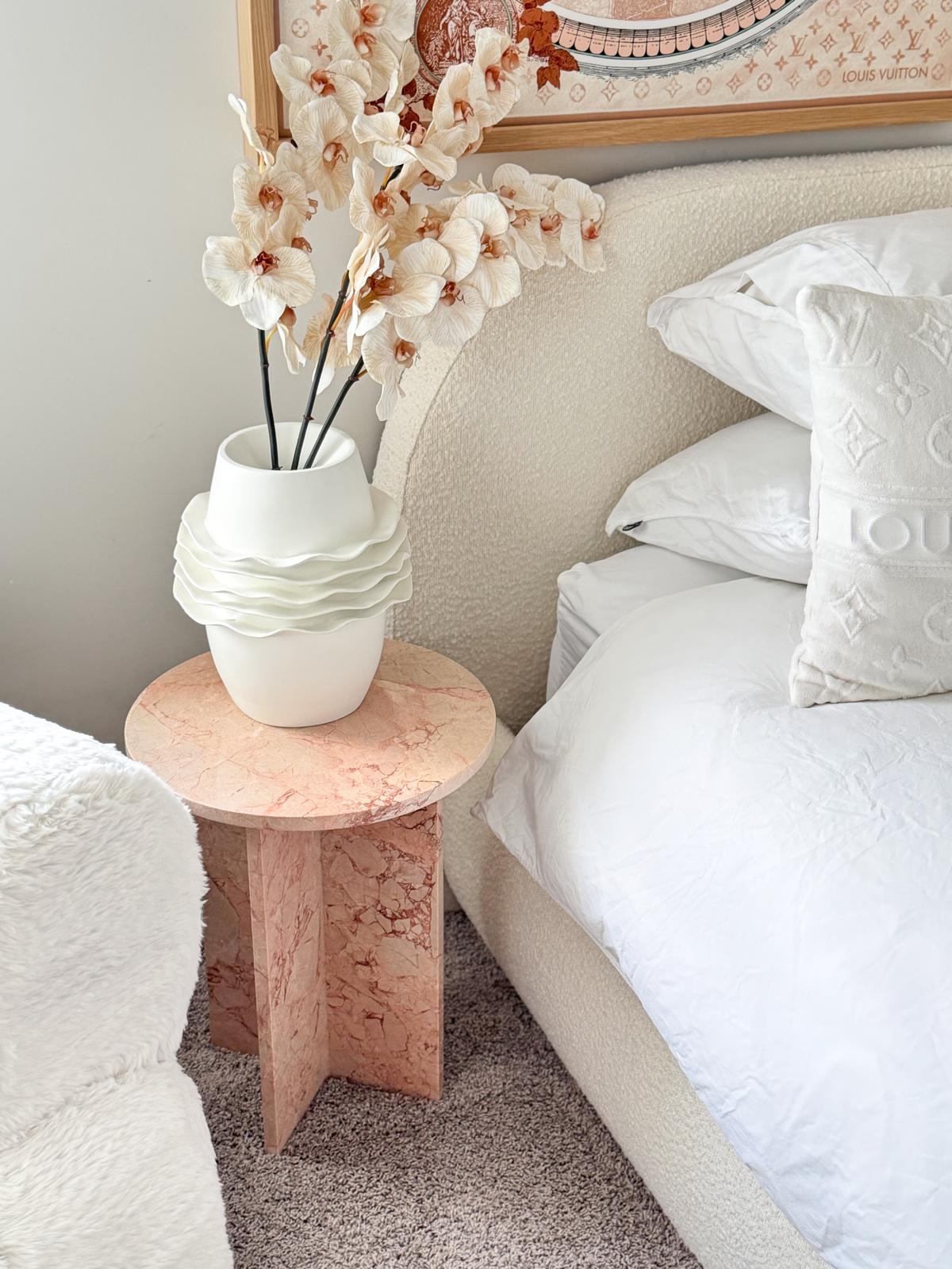 Round Cross Side Table - Pearl Pink Blush Marble natural stone furniture New Zealand - Natural Stone Co