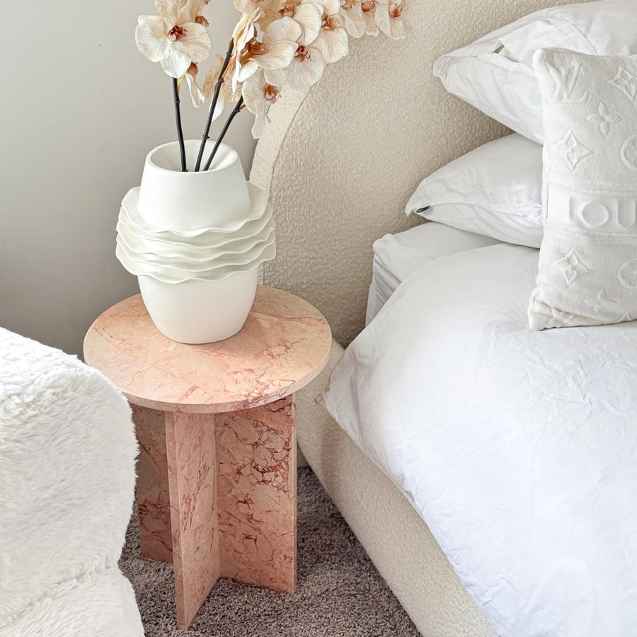 Round Cross Side Table - Pearl Pink Blush Marble natural stone furniture New Zealand - Natural Stone Co