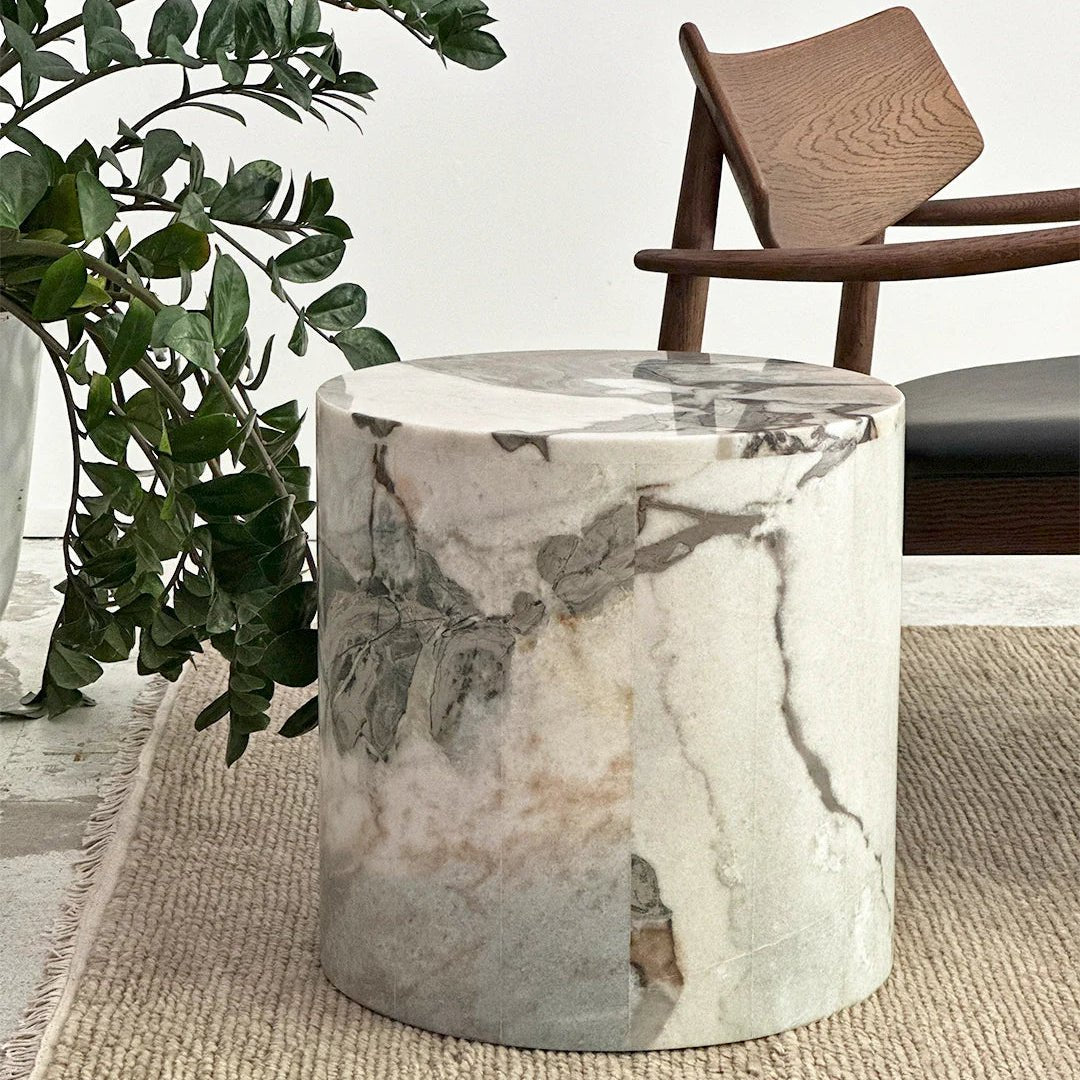 Round Plinth Side Table - Milky Blue Marble natural stone furniture New Zealand - Natural Stone Co