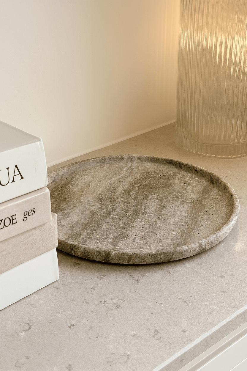 Round Tray - Veincut Silver Travertine natural stone furniture New Zealand - Natural Stone Co