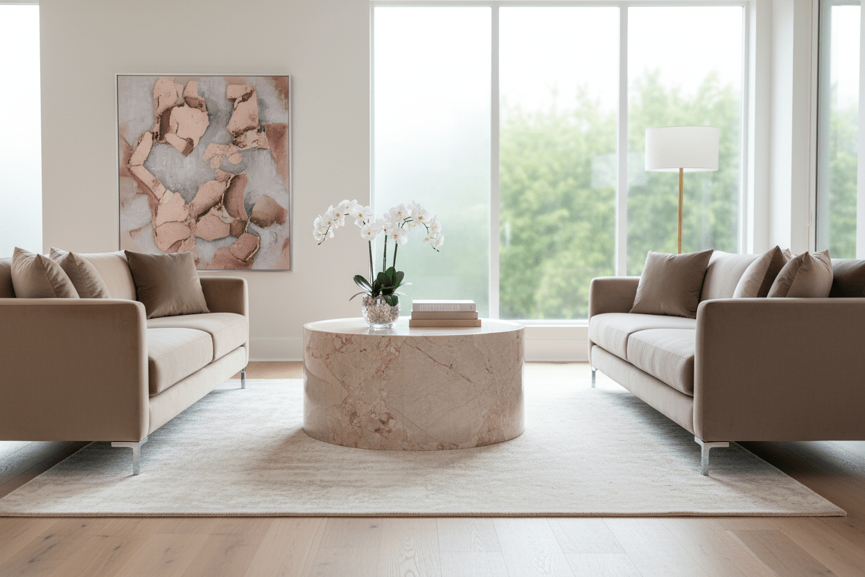 Rounded Coffee Table - Pearl Pink Blush Marble natural stone furniture New Zealand - Natural Stone Co