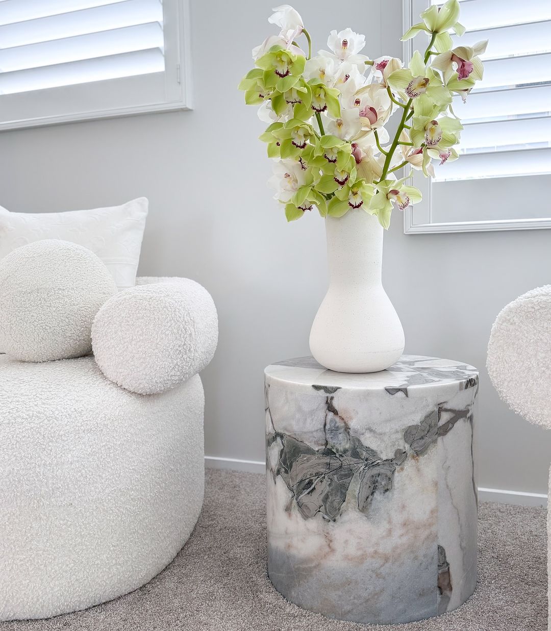 Rounded Side Table - Milky Blue Marble natural stone furniture New Zealand - Natural Stone Co