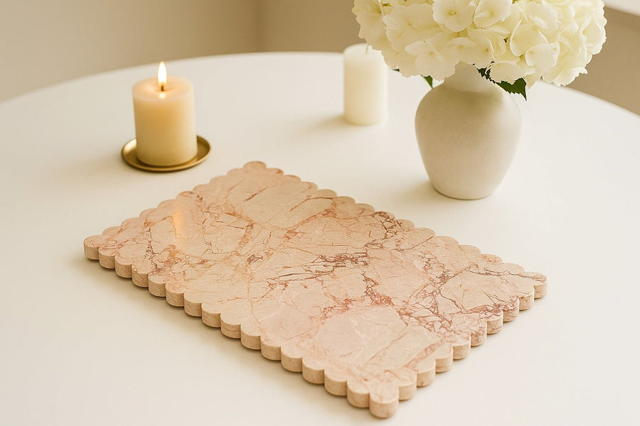 Scalloped Edge Rectangle Tray - Pearl Pink Blush Marble natural stone furniture New Zealand - Natural Stone Co