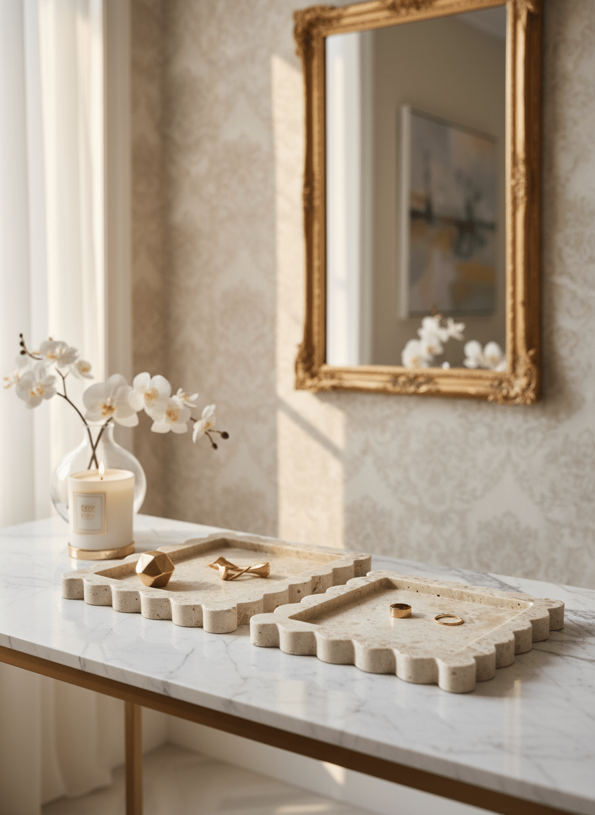 Scalloped Edge Tray - White Ivory Travertine natural stone furniture New Zealand - Natural Stone Co