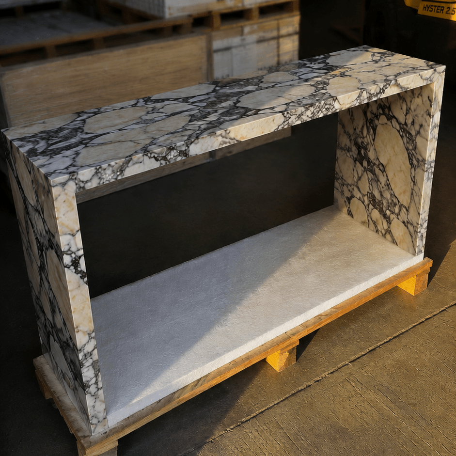 Waterfall Hallway Console - Viola Calacatta Marble natural stone furniture New Zealand - Natural Stone Co